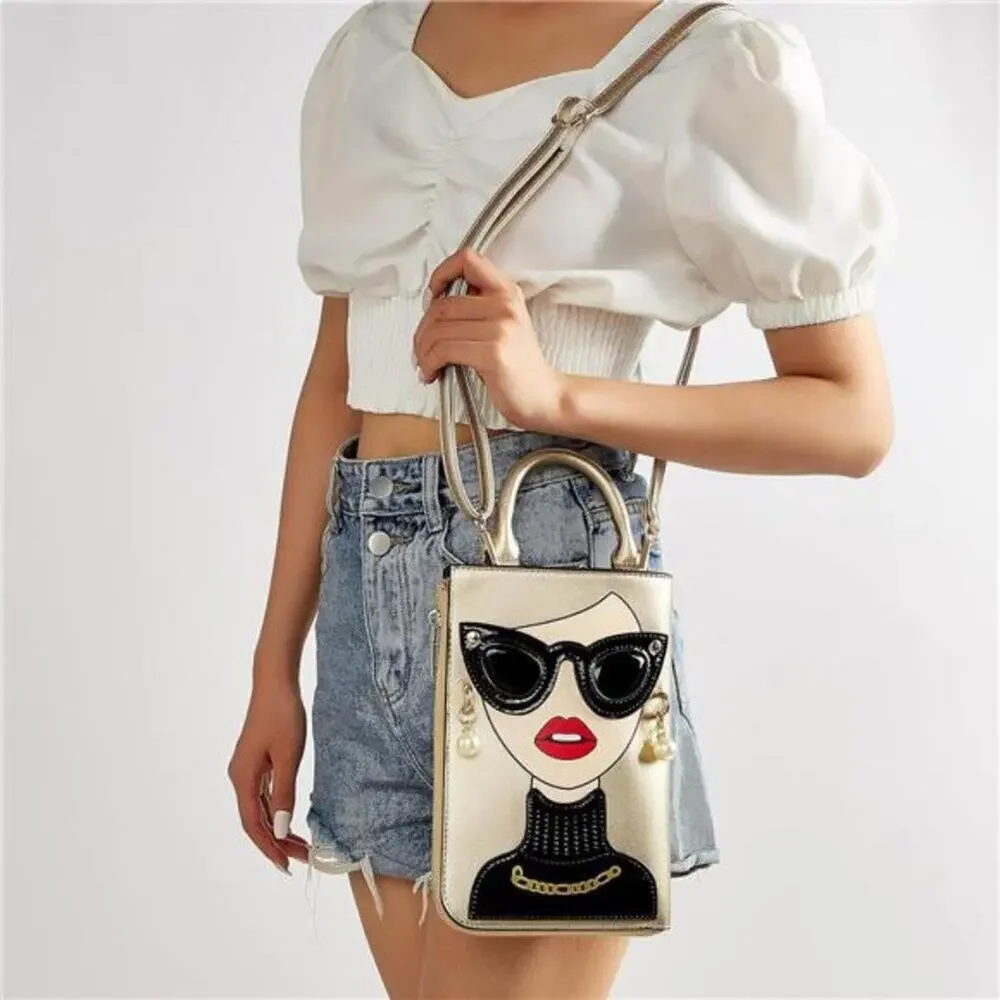 Women Golden Lady Face Shoulder Bags Funky Vegan Leather Top Handle Satchel